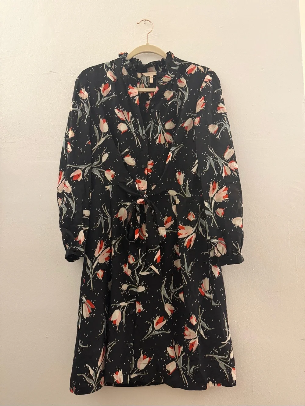 Rebecca Taylor Black Floral silk Tie-Waist Dress size 6 great condition
